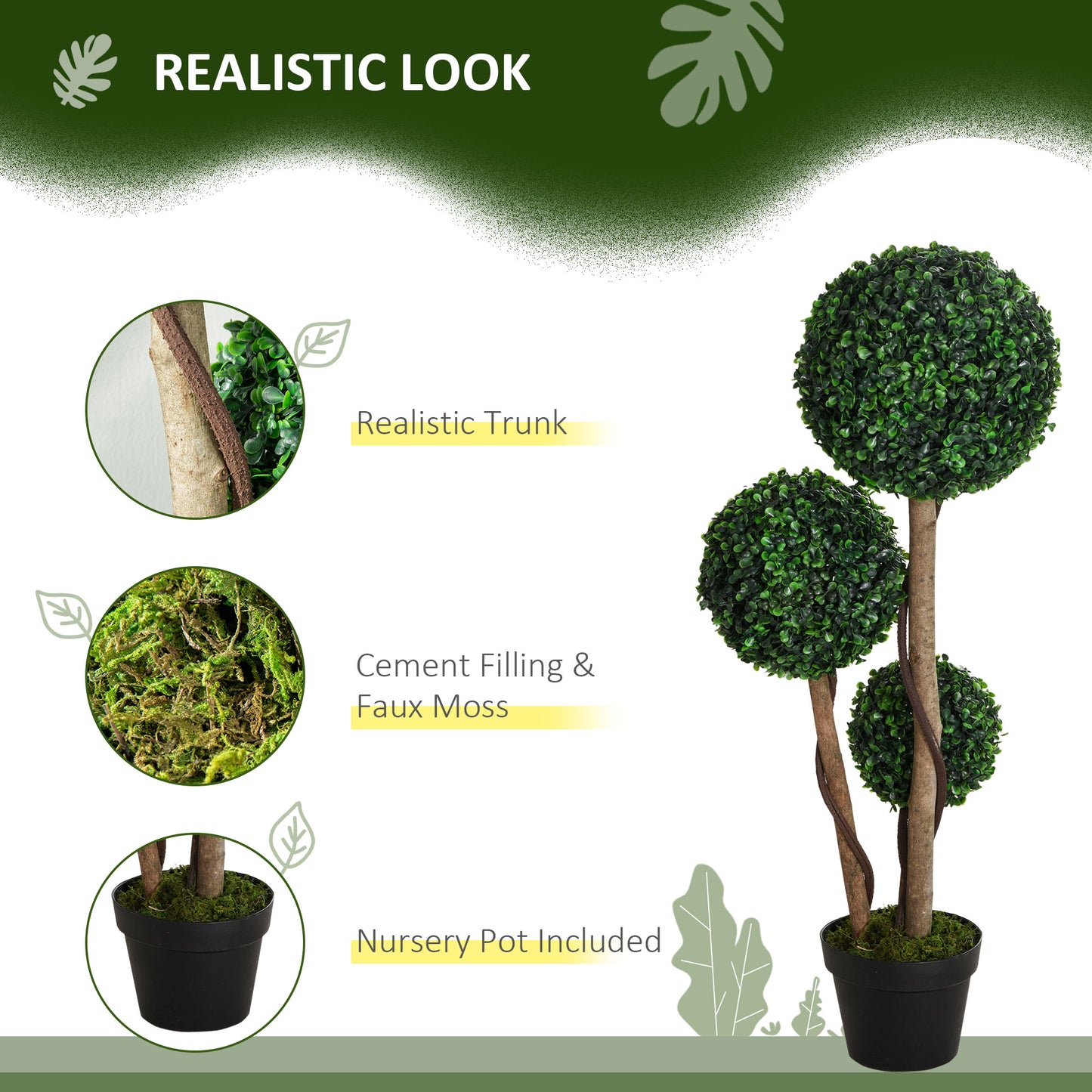 HOMCOM Decorative Artificial Plants Set of 2, Boxwood Ball Topiary Trees in Pot Fake Plants for Home Indoor Outdoor Decor, 90 cm, Dark Green