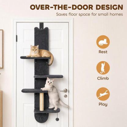 PawHut Door Hanging Cat Shelf, 4-Level Over Door Cat Climber with Platforms, Scratching Post and Hanging Ball, Dark Grey