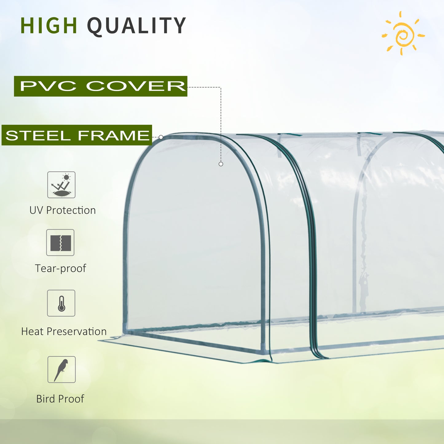 Outsunny Mini Greenhouse, mała szklarnia tunelowa z polietylenu z drzwiami na suwak, stalowa rama do ogrodu na patio, 300 x 100 x 80 cm, przezroczysta