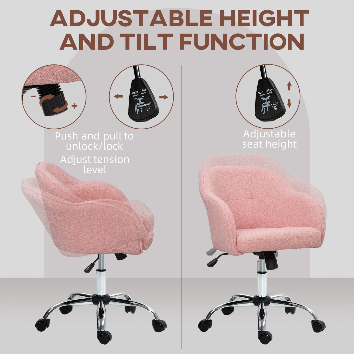 HOMCOM 46-56 cm Teddy Fleece Office Chair - Pink
