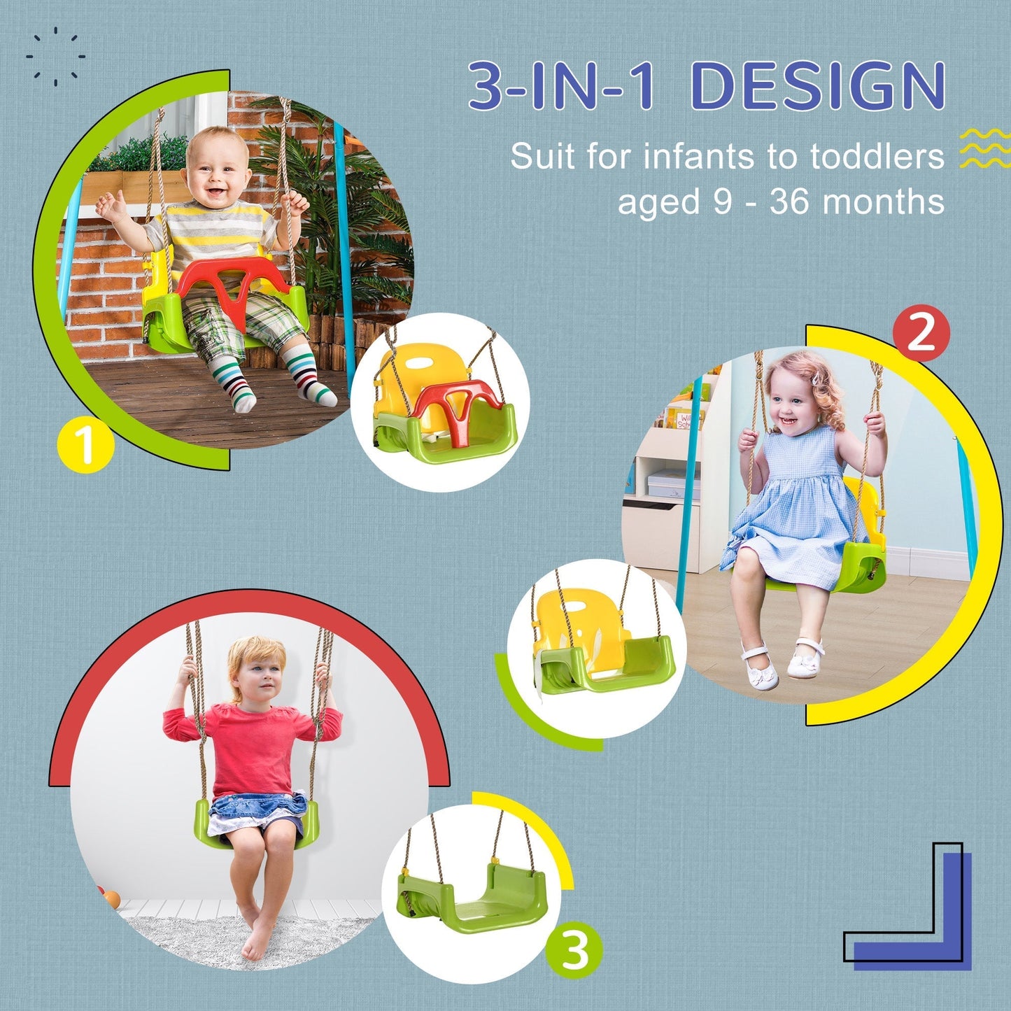 Outsunny 3 in 1 Detachable Kids Swing Seat with Safety Belt, Adjustable Rope for Indoor, Outdoor, Playground, Garden, Green