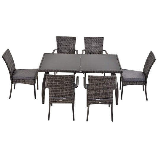 Outsunny 6 Seater Rattan Dining Set with Cushions, Rattan Garden Furniture Set, Outdoor Dining Table and Chairs with 6 Stackable Armchairs, Rectangular Glass Top Table for Patio, Balcony, Grey