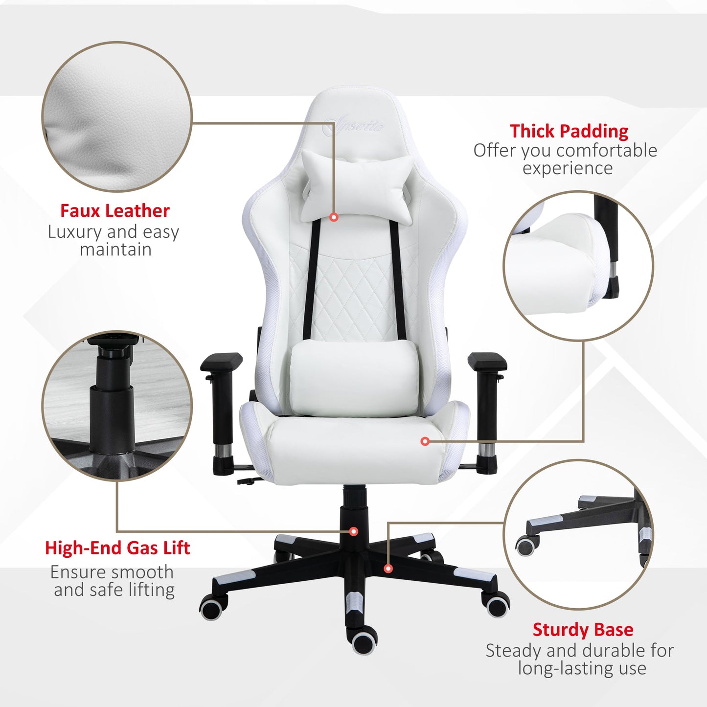 Vinsetto Gaming Chair with RGB LED Light, 2D Arm, Lumbar Support, Height Adjustable Swivel Office Computer Recliner, Racing Gamer Desk Chair for Home, White