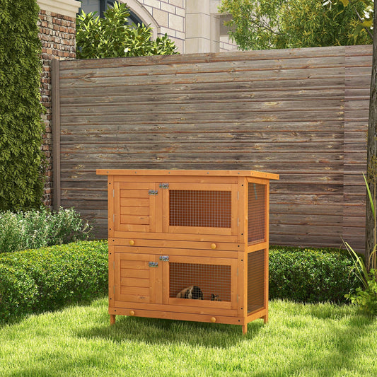 PawHut Double Tier Rabbit Hutch Large 2-Tier Wooden Hutch for Rabbits & Guinea Pigs, Pet Lovers Choice, Natural