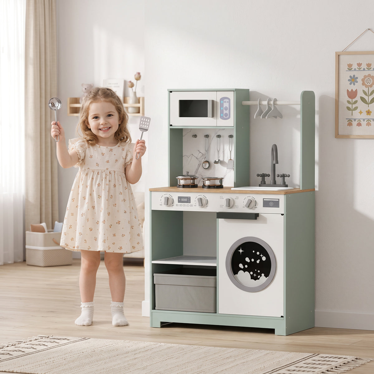 AIYAPLAY Kids Play Kitchen, Pretend Play Toy Kitchen Playset with Stove, Sink, Microwave, 5Pcs Accessories for 3-6 Years, Green