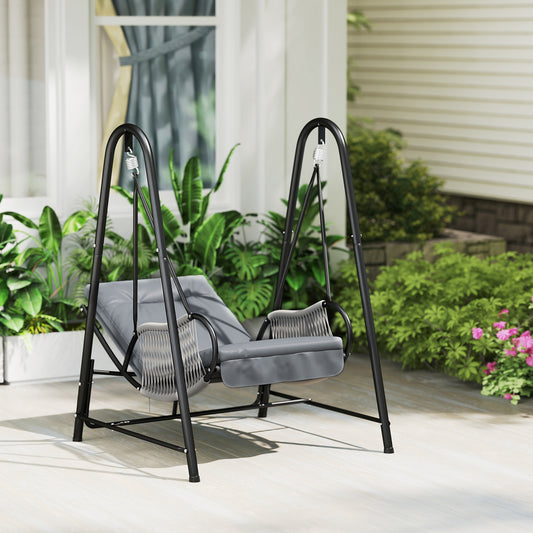 Outsunny Rattan Swing Chair, Outdoor Garden Hanging Swing Seat ze stojakiem i poduszką na siedzisko, Porch Hanging Chair na balkon, do ogrodu, na taras, jasnoszary