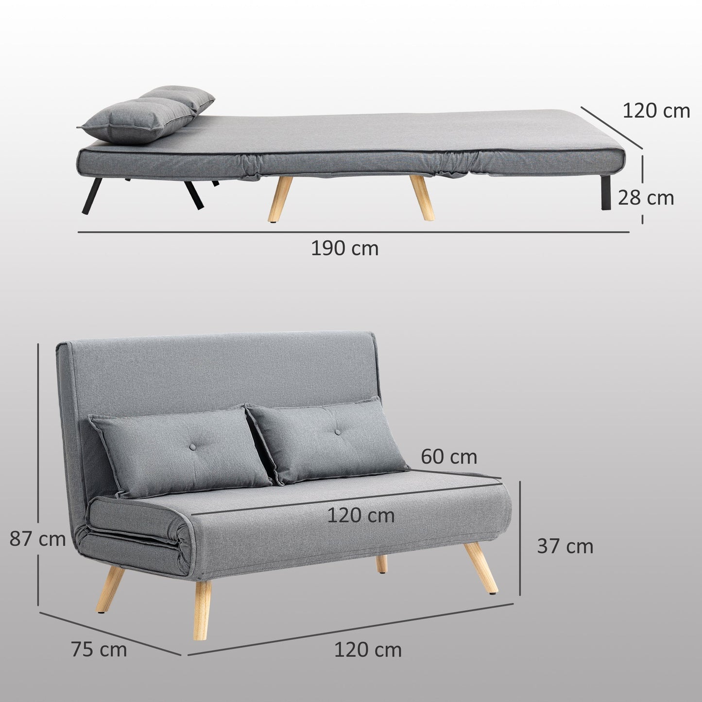 HOMCOM Two-Seater Linen-Look Sofa Bed - Grey