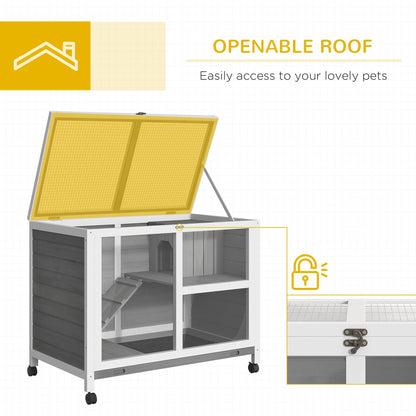 PawHut Wooden Rabbit Hutch Guinea Pigs House Bunny Small Animal Cage w/ Pull-out Tray Openable Roof Wheels 91.5 x 53.3 x 73 cm