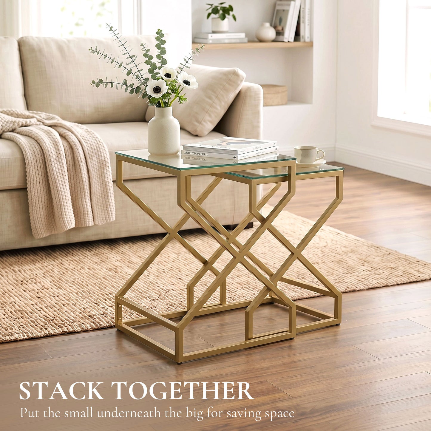 HOMCOM Nest of Tables, Side Table Set of 2 with Transparent Top, Coffee Table Set with Tempered Glass Top, Transparent
