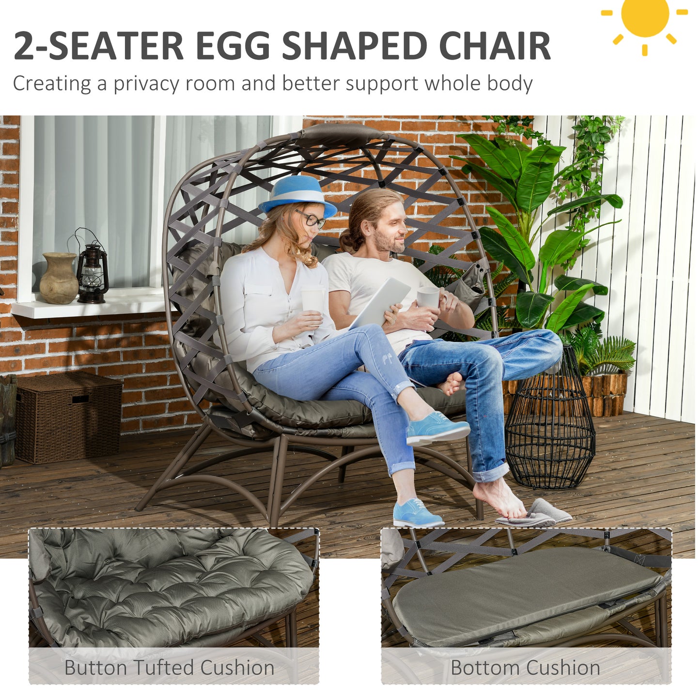 Fotel ogrodowy Outsunny 2-osobowy Egg Chair Outdoor, składany, pleciony, z poduszką i kieszeniami na kubki – piaskowo-brązowy