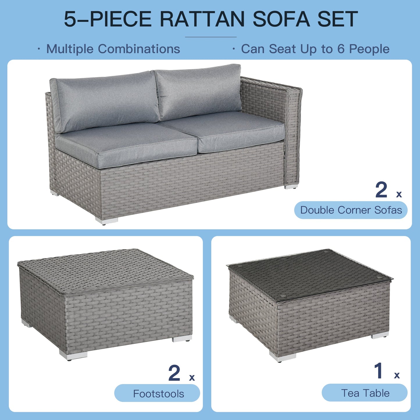 Outsunny 6-Seater PE Rattan Garden Corner Sofa Set Outdoor Wicker Conservatory Furniture Patio Tea Table Footstool, Grey