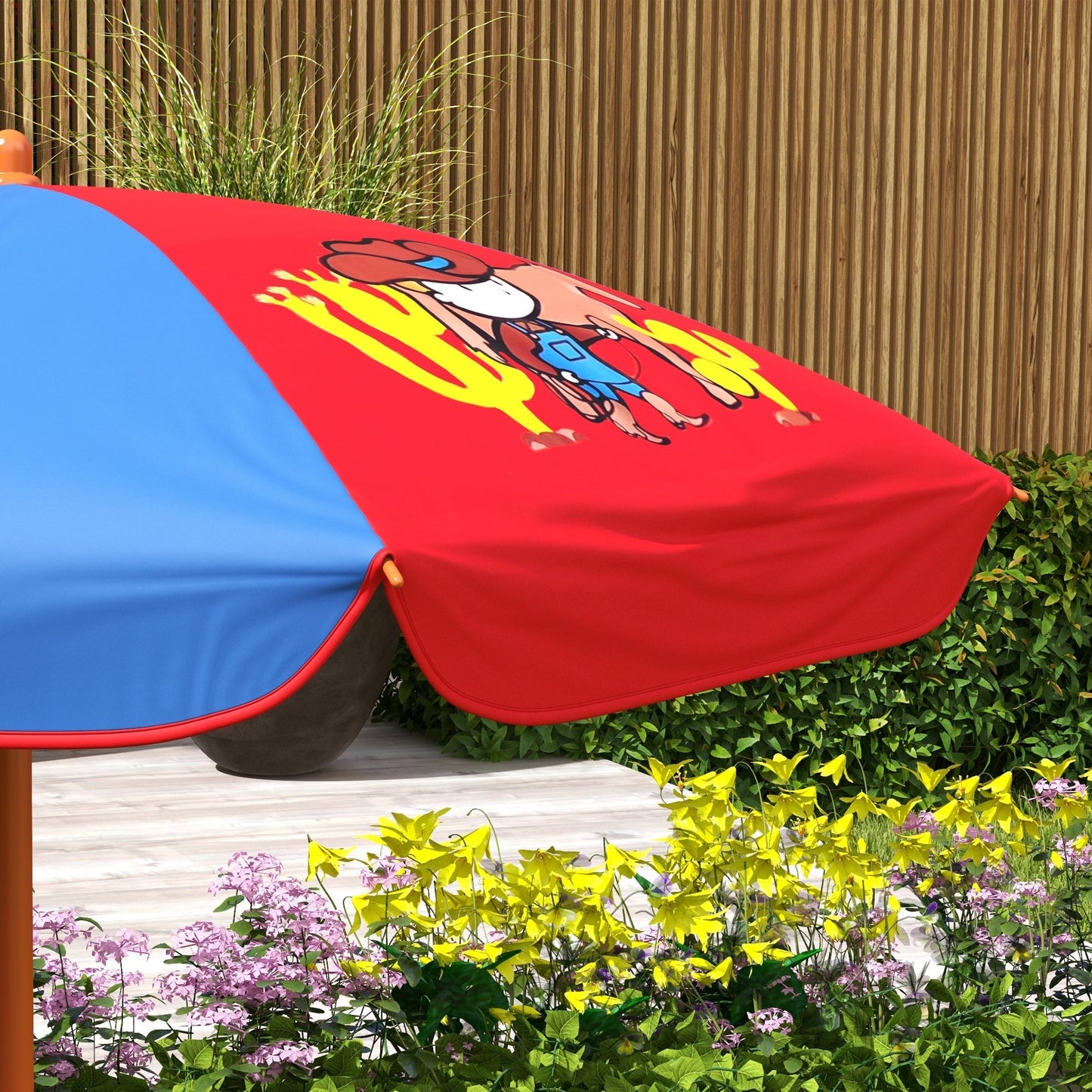 Outsunny Kids Picnic Table and Chair Set Cowboy Themed Outdoor Garden Furniture w/ Foldable Chairs, Adjustable Parasol