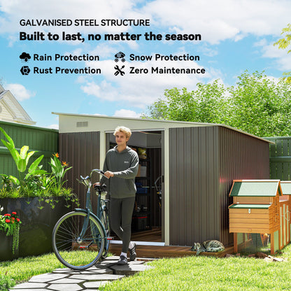 Outsunny 11,3 x 9,2 ft Lean to Metal Garden Shed, zewnętrzny ocynkowany domek do przechowywania narzędzi z podwójnymi drzwiami przesuwnymi i 2 otworami wentylacyjnymi, szary