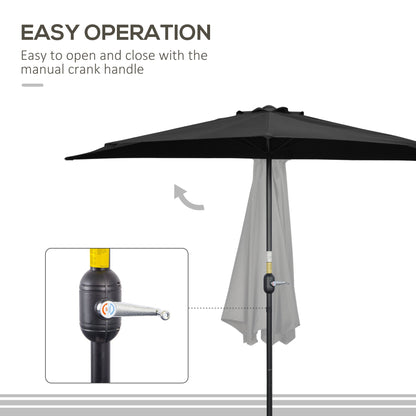 Outsunny 2.7m Garden Half Parasol, Outdoor Balcony Umbrella with 5 Steel Ribs, Patio Sun Shade, Black