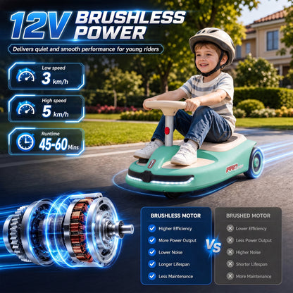 AIYAPLAY 12V Electric Wiggle Car with Pedal, Kids Electric Car with 2 Speeds, Soft Start, Music, Lights for 3-5 Years, Light Blue