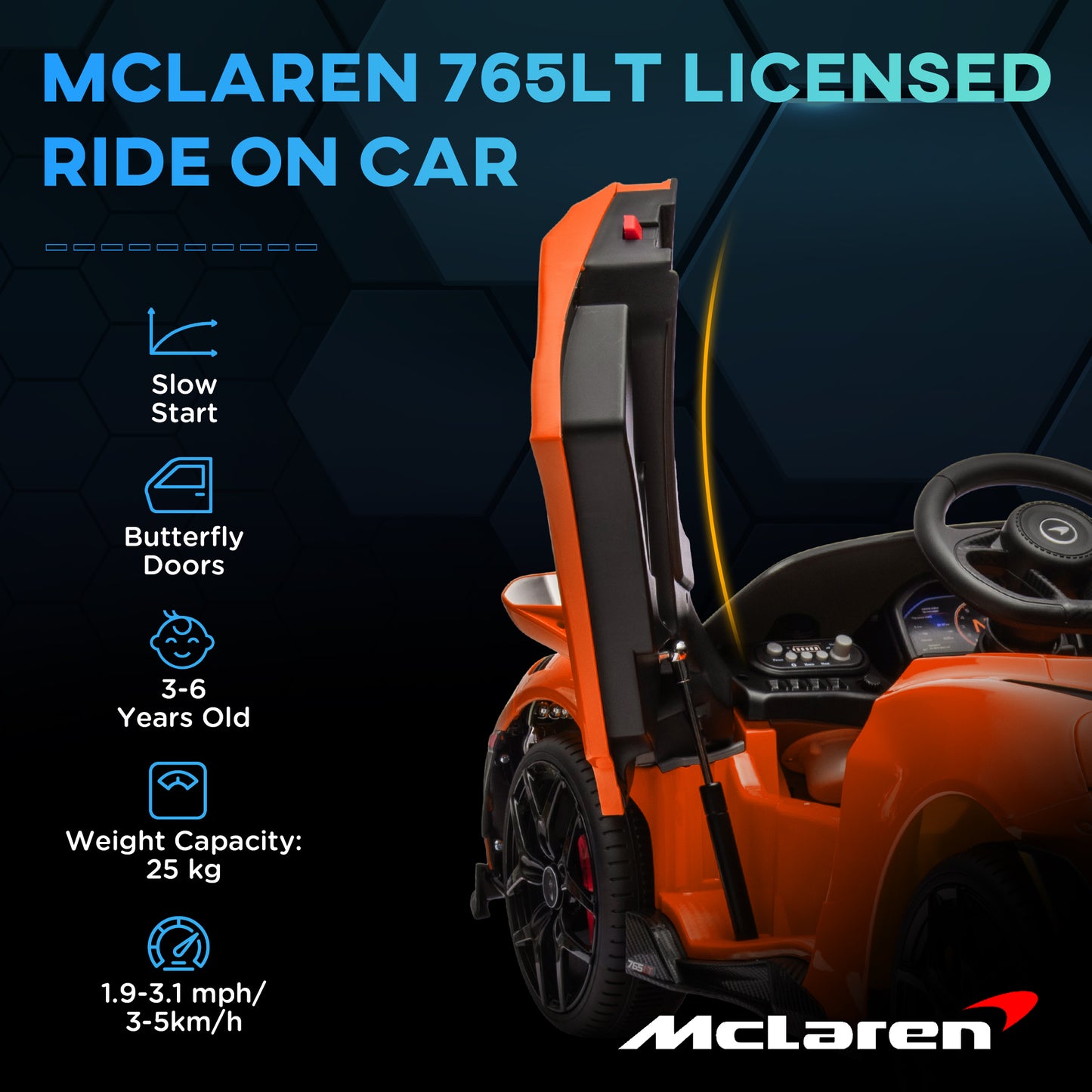 سيارة كهربائية للأطفال مرخصة من AIYAPLAY McLaren 765LT بقوة 12 فولت مع أبواب على شكل فراشة وعجلات نقل تعمل بالتحكم عن بعد باللون البرتقالي