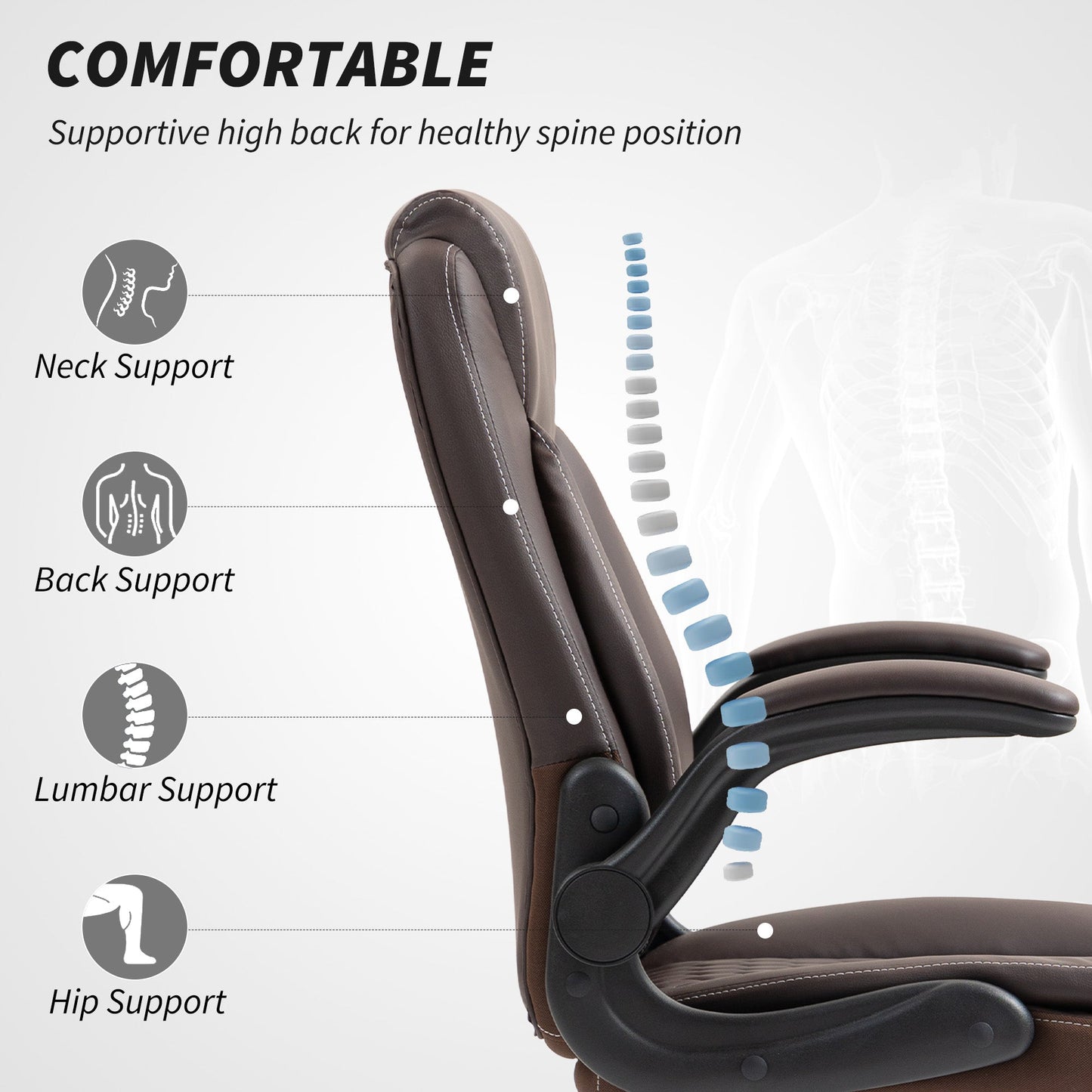 HOMCOM Faux Leather Office Chair. with Flip-Up Armrests - Brown