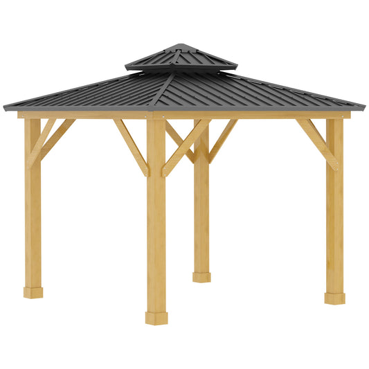 Outsunny 3x(3)M Outdoor Hardtop Gazebo Canopy with 2-Tier Roof and Solid Wood Frame Outdoor Patio Shelter for Patio, Garden, Grey