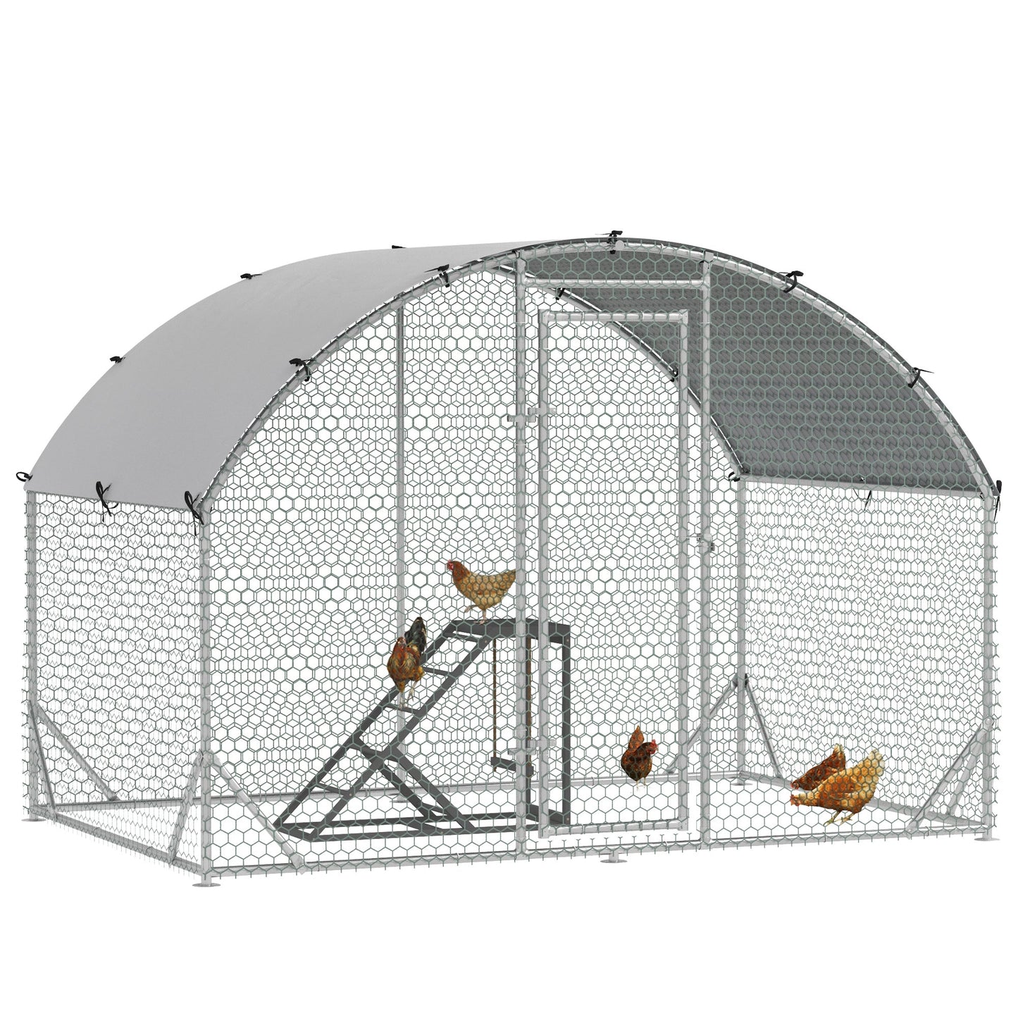 PawHut Walk-In Chicken Run, Metal Chicken Coop with Cover, Outdoor Hen Poultry House Cage with Chicken Activity Shelf, for Chickens, Rabbits, Ducks, 2.8 x 1.9 x 2m