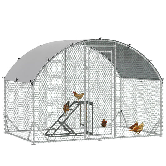 PawHut Walk-In Chicken Run, Metal Chicken Coop with Cover, Outdoor Hen Poultry House Cage with Chicken Activity Shelf, for Chickens, Rabbits, Ducks, 2.8 x 1.9 x 2m