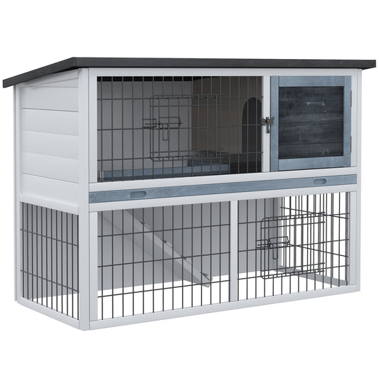 PawHut 2-Tier Wooden Rabbit Hutch Guinea Pig House Bunny Cage Backyard w/ Openable Roof Small Animal House for Outdoor Grey, 108 x 45 x 78 cm