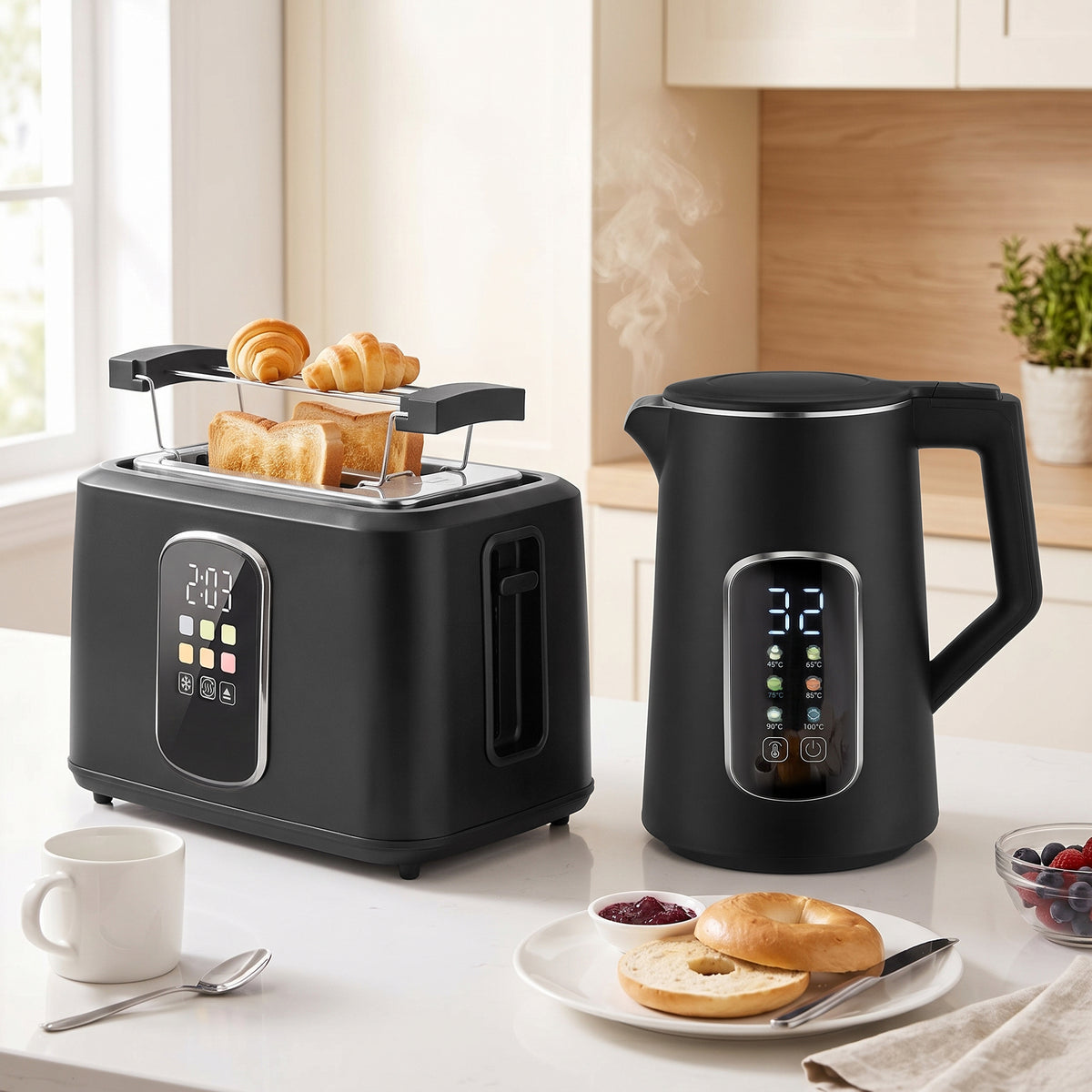 HOMCOM Kettle and Toaster Set with LED Touch Screen, Kettle with Strix Thermostat, 2 Slice Toaster w/ 6 Browning Levels, Black