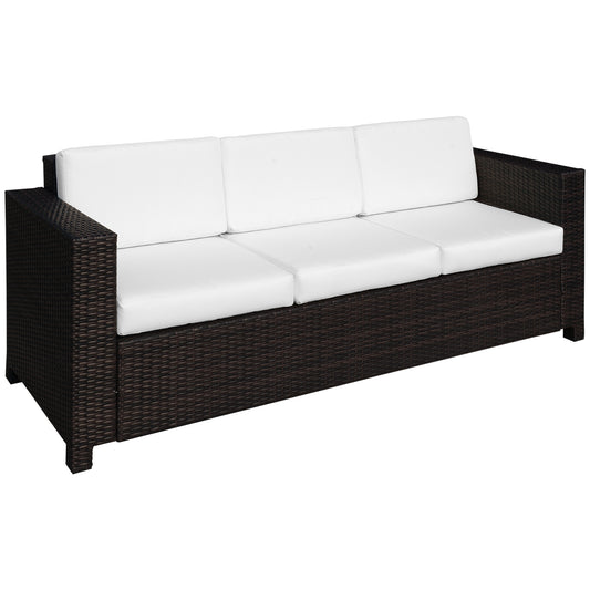 Sofa Outsunny 3-osobowa z rattanu, krzesło z metalową ramą z plecionki wiklinowej odporne na warunki atmosferyczne i ognioodporną poduszką, brązowa