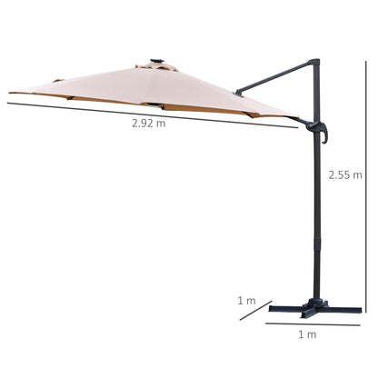 مظلة شمسية من Outsunny 3(m) Cantilever Roma Parasol Garden Sun مع قاعدة متقاطعة من ضوء الشمس LED تدور 360 درجة، بني