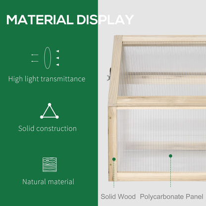 Outsunny Wooden Cold Frame Greenhouse Garden Polycarbonate Grow House with Openable Top for Flowers, Vegetables, Plants, 90 x 52 x 50cm, Natural