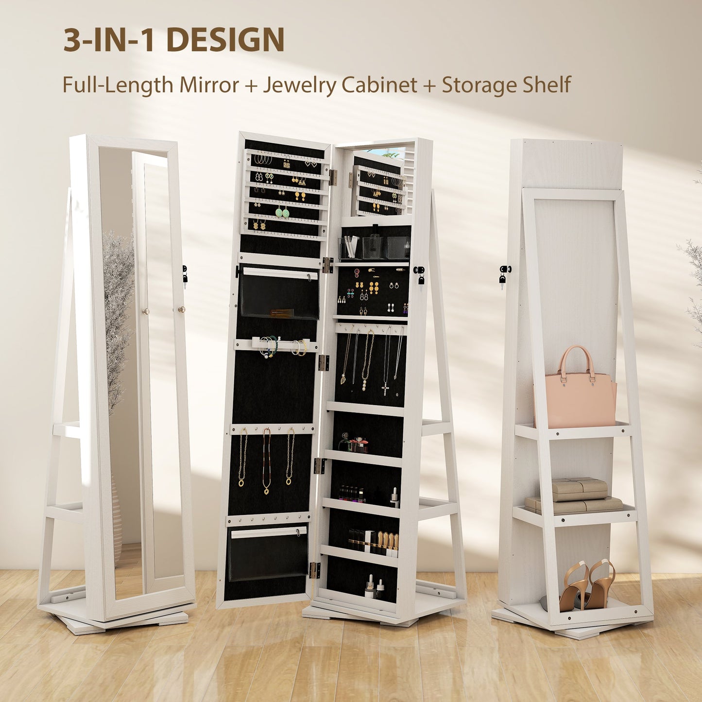 HOMCOM 360 Swivel Jewellery Cabinet, Free Standing Full Length Mirror with Storage, Lockable Jewellery Organiser with Built-in Makeup Mirror and Storage Shelves for Bedroom, White