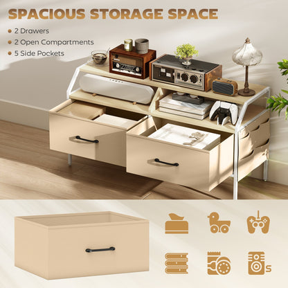 HOMCOM TV Stand Cabinet, TV Unit for 55-inch TVs with 2 Foldable Fabric Drawers, 5 Divided Side Pockets, Open Shelves, Console Table for Living Room, Bedroom, Entertainment Room, Natural Wood Finish