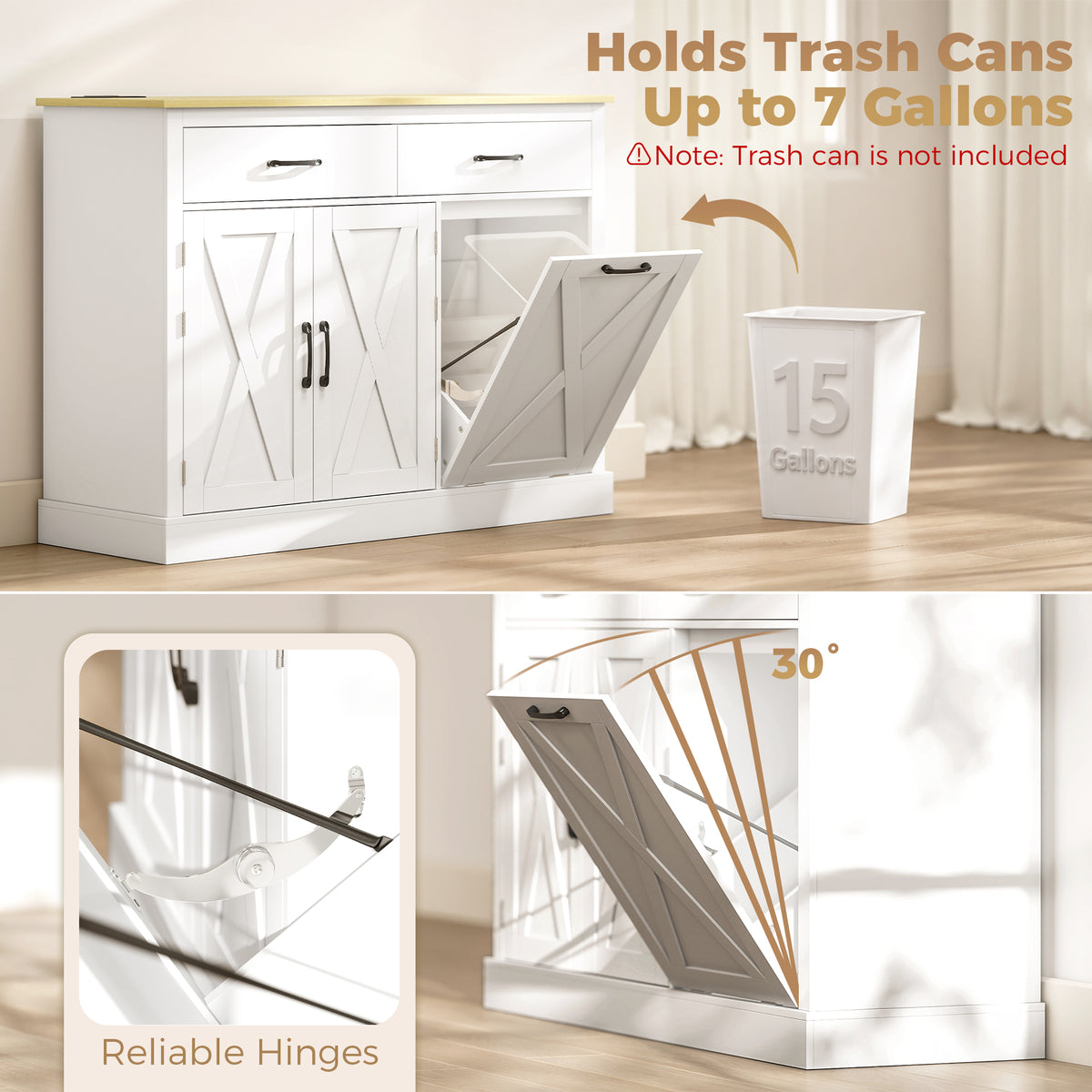 HOMCOM Tilt Out Trash Cabinet with Charging Station, Kitchen Island with Storage, 57 Liter Hidden Rubbish Bin Storage, White