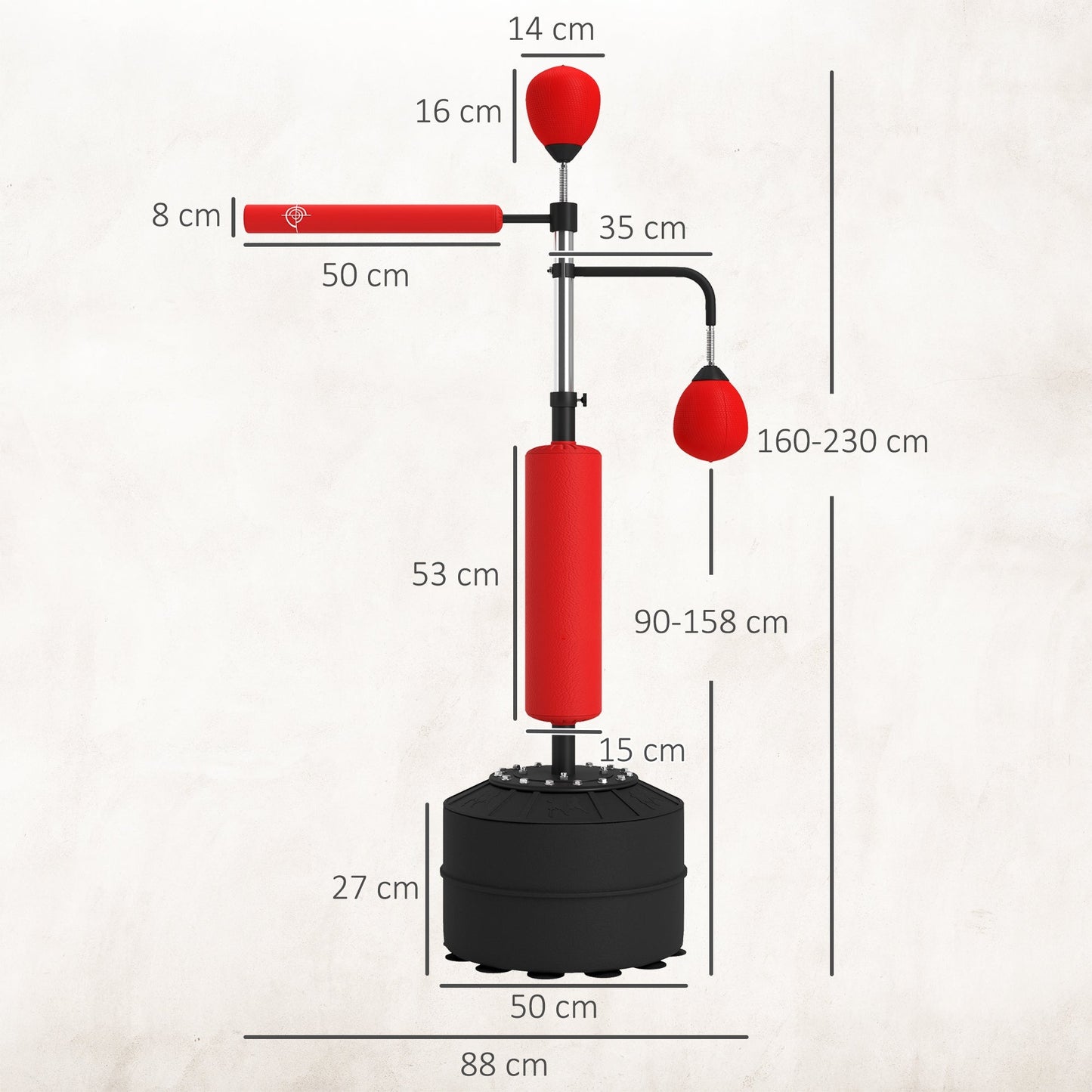 HOMCOM 4-in-1 Boxing Punching Bag, Freestanding with 2 Speed Bals, 360 Reflex Bar, 160-230cm Adjustable Height, Red