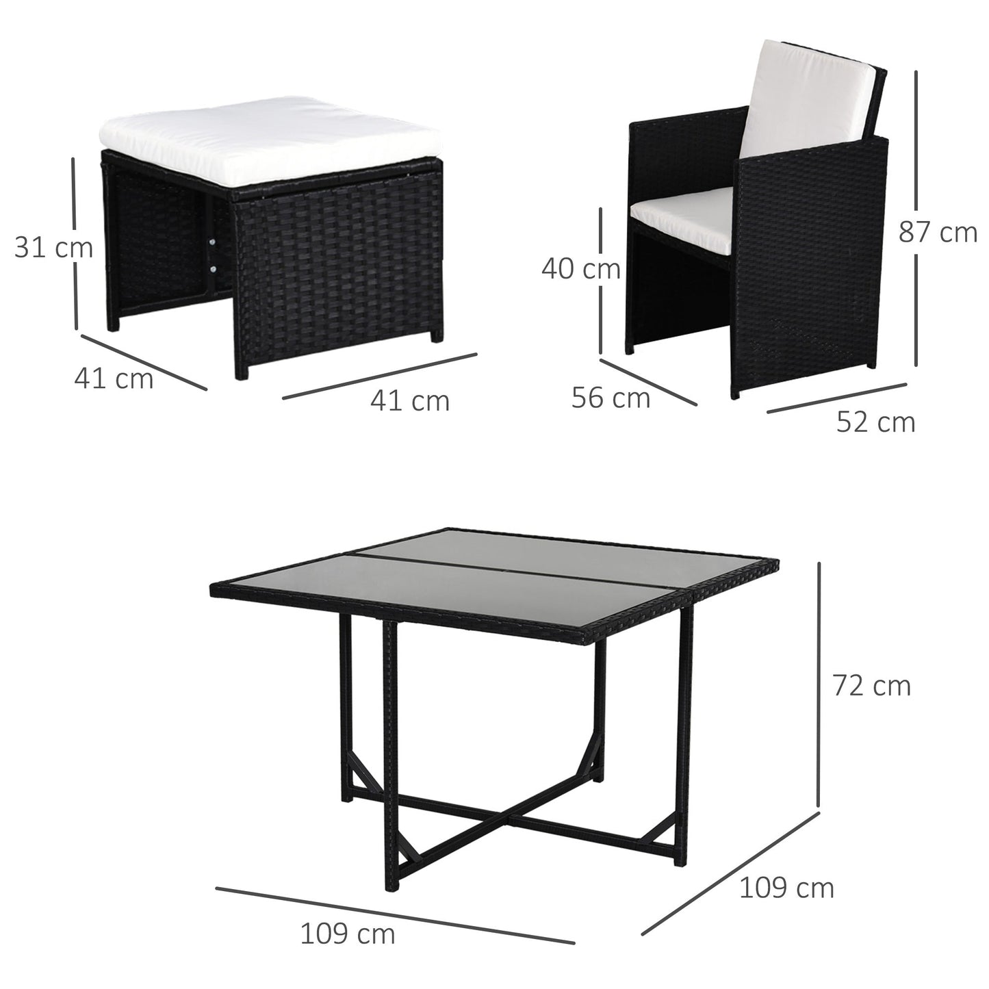 Outsunny 8 Seater Rattan Cube Garden Furniture Set, Rattan Dining Set with Cushions, Outdoor Dining Table and Chairs with 4 Armchairs, 4 Stools, Square Glass Top Table, Black