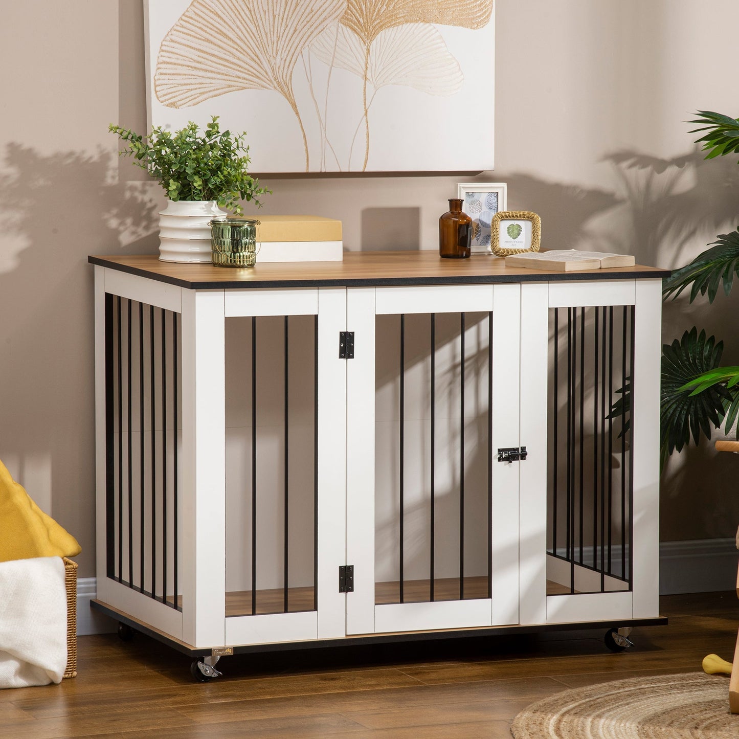 PawHut Dog Cage End Table with Five Wheels, Dog Crate Furniture for Large Sized Dogs, with Front Door Latch, Indoor Use, White