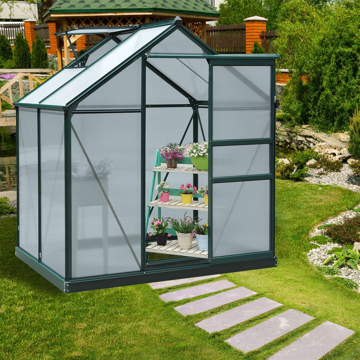 Outsunny 6 x 4ft Polycarbonate Greenhouse, Large Walk-In Green House with Slide Door and Window, Garden Plants Grow House with Aluminium Frame and Foundation, Dark Green