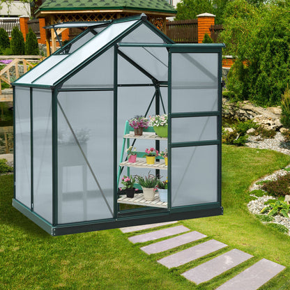 Outsunny 6 x 4ft Polycarbonate Greenhouse, Large Walk-In Green House with Slide Door and Window, Garden Plants Grow House with Aluminium Frame and Foundation, Dark Green