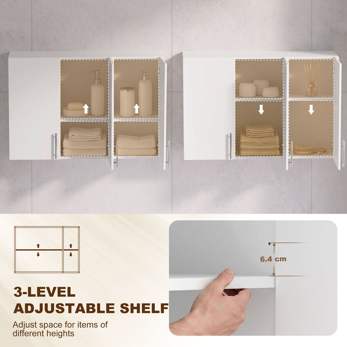 HOMCOM Bathroom Wall Cabinet, Wall-Mounted Bathroom Storage Cabinet with 3 Doors, Adjustable Shelf for Kitchen, White