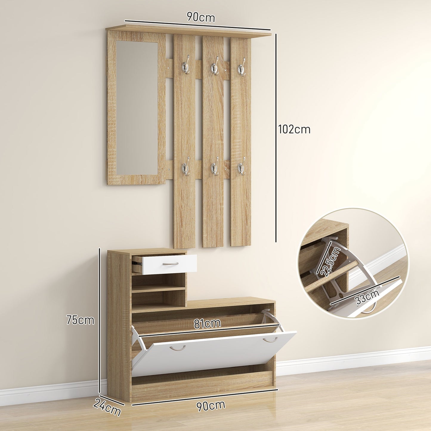 HOMCOM Three-in-One Hallway Storage Set - Natural Wood Finish/White