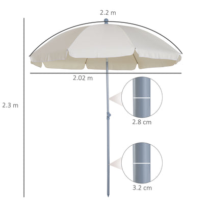 Outsunny 2,2 m Parasol plażowy, przenośny parasol z funkcją pochylania, osłona przeciwsłoneczna na zewnątrz z 8 żebrami do ogrodu, basenu i patio, kremowo-biały
