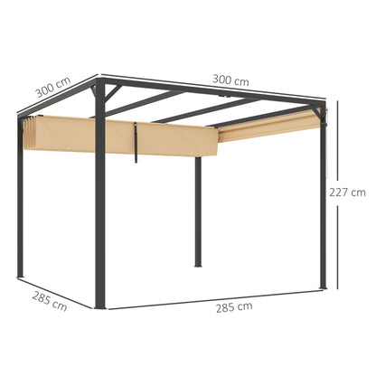 Pergola aluminiowa Outsunny 3 x 3 m z rozsuwanym dachem i ścianą w kolorze khaki