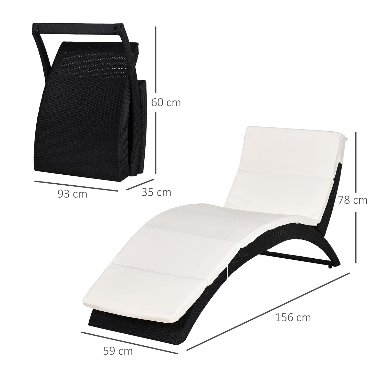 Outsunny Outdoor składany PE Rattan leżak z miękką wyściółką, ergonomiczny zakrzywiony design leżaka na balkon, do ogrodu, czarny