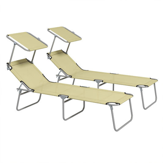 Outdoor Foldable Sun Lounger Set of 2 Reclining Chair With Angle Adjust Sun Shade Awning for Beach, Garden, Patio, Beige