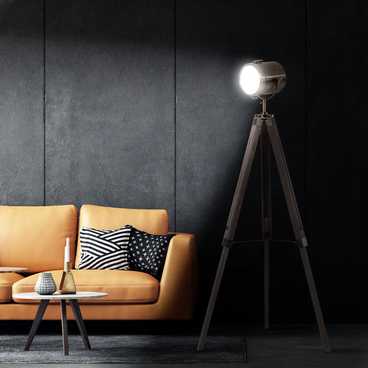 HOMCOM Industrialna lampa podłogowa na trójnogu, marynistyczny reflektor z regulowaną wysokością, drewniane nogi, podstawa lampy E14 do salonu, sypialni, szara i brązowa