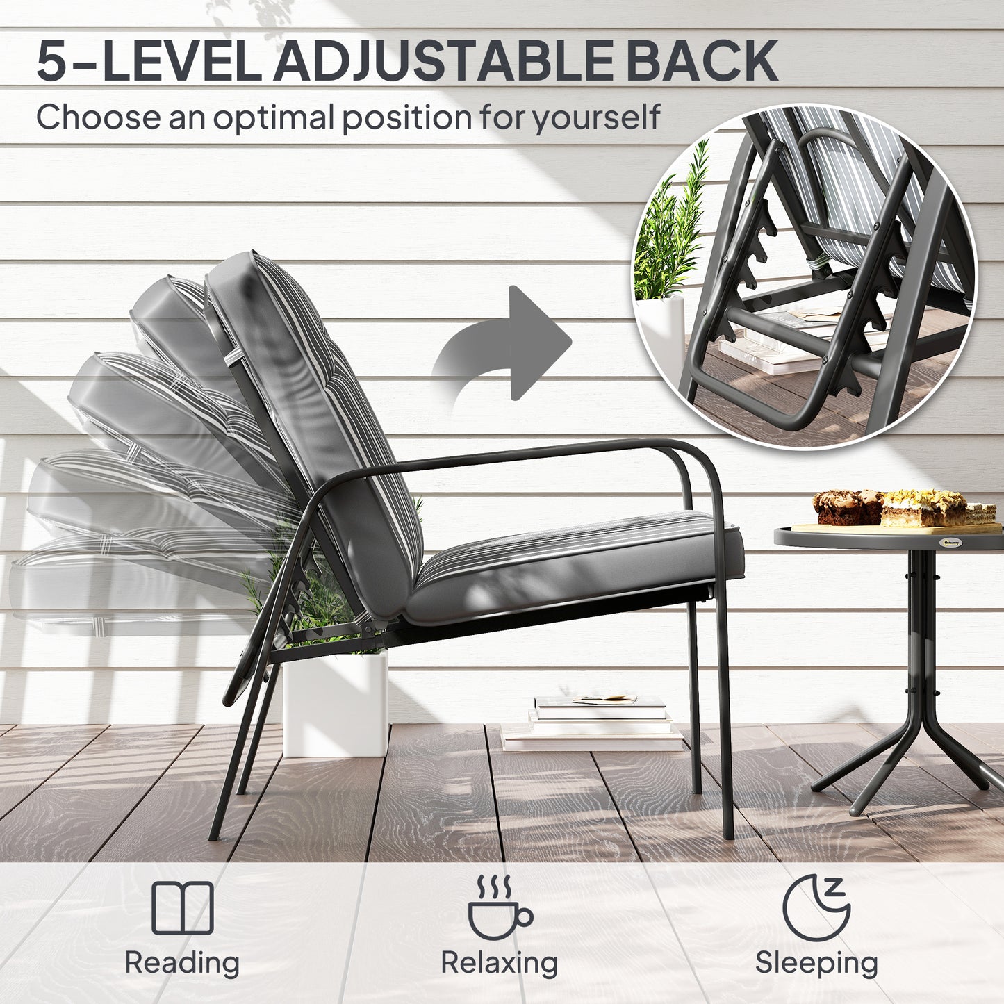 Outsunny Three-Piece Reclining Chair Set - Grey
