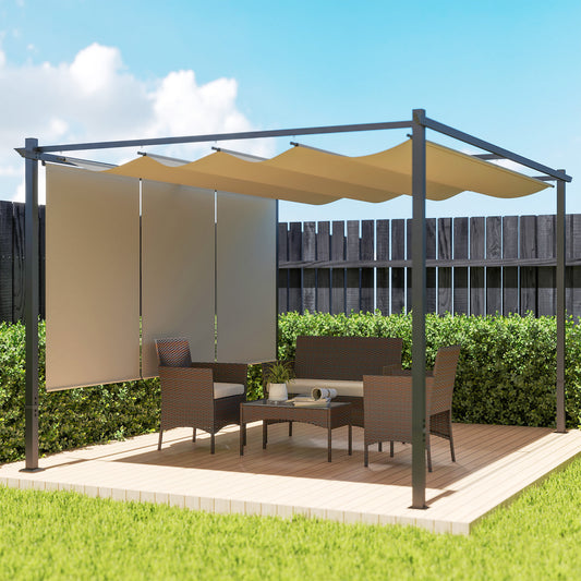 Outsunny 3 x 4m Metalowa pergola z chowanym dachem i roletą, montowana na ścianie lub wolnostojąca ogrodowa altana z baldachimem, UPF30+ zewnętrzna osłona przeciwsłoneczna, beżowa