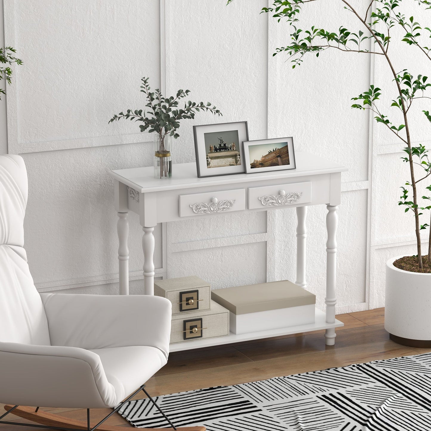 HOMCOM Console Table Modern Sofa Side Desk with Storage Shelves Drawers for Living Room Entryway Bedroom White