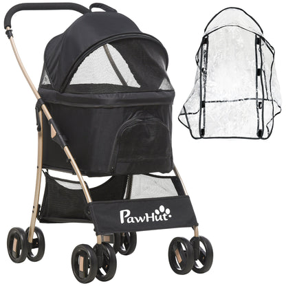 PawHut Detachable Pet Stroller with Rain Cover, 3 In 1 Cat Dog Pushchair, Foldable Carrying Bag w/ Universal Wheels, Brake, Canopy, Basket, Storage Bag for Small and Tiny Dogs - Black