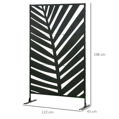 Outsunny Decorative Privacy Screen with Stand, 6.5FT Freestanding Metal Outdoor Divider, Decorative Privacy Panel with Expansion Screws for Garden Patio Pool Hot Tub, Banana Leaf Style, Black