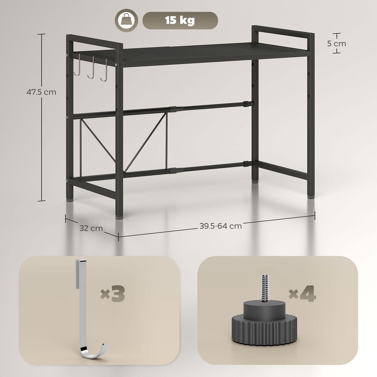 HOMCOM Expandable Microwave Oven Rack with 3 Hooks - Black